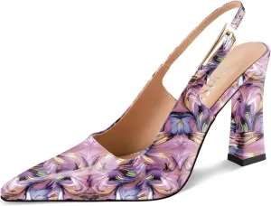Women's Block high Heels Slingback, Pointed Closed Toe Ankle Strap Fashioned Patent Leather Pumps Shoes.