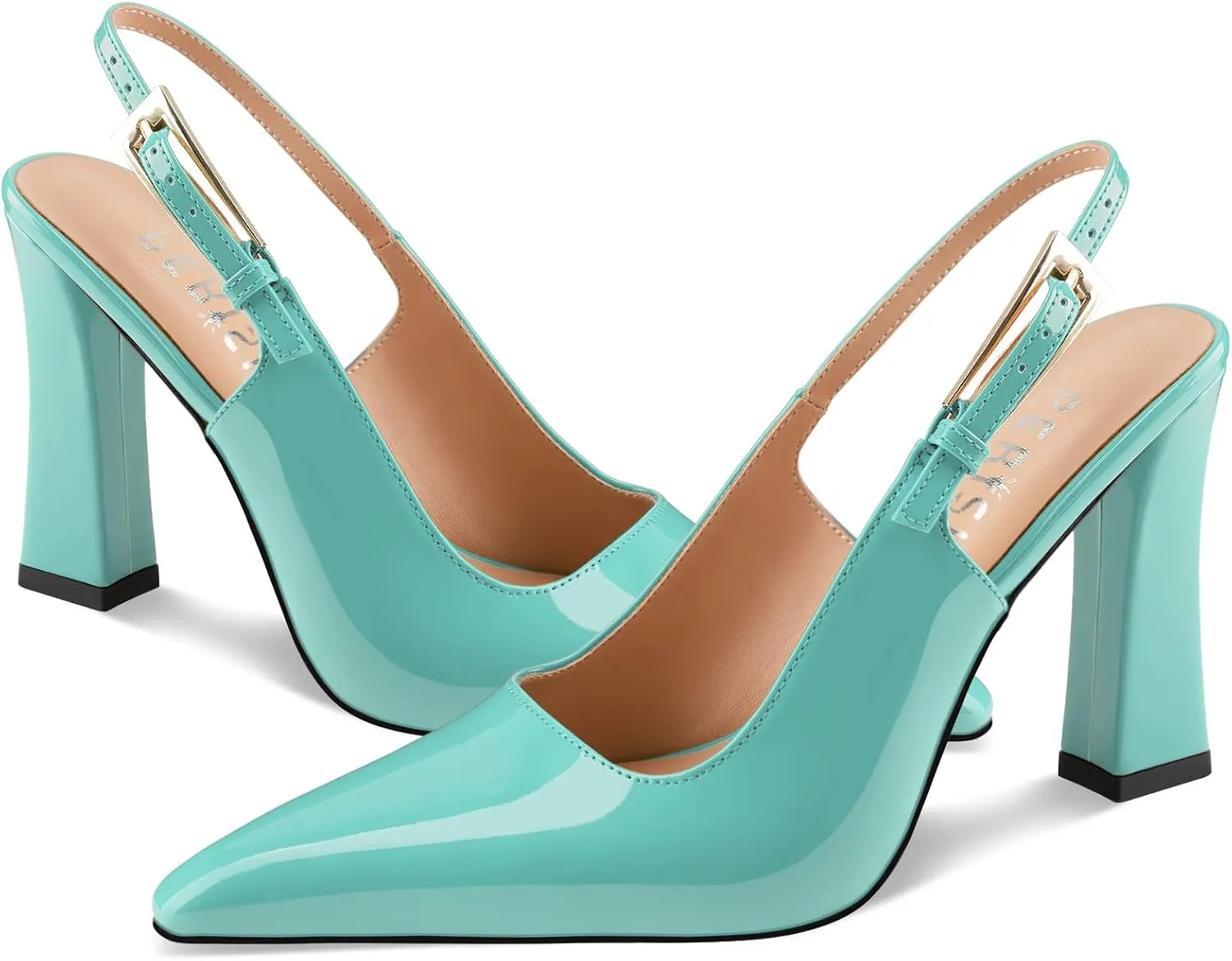 Women's Block high Heels Slingback, Pointed Closed Toe Ankle Strap Fashioned Patent Leather Pumps Shoes.