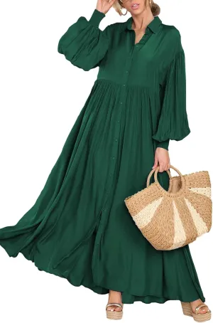 Women's Casual Pleated Long Dress Button Down Loose Fit Boho Beach Sun Dresses