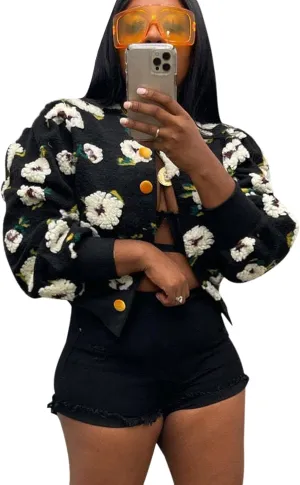 Womens Cropped Floral Print Jacket Warm Fleece Bomber Jacket Casual Button Down Coats Fall Puff Outerwears
