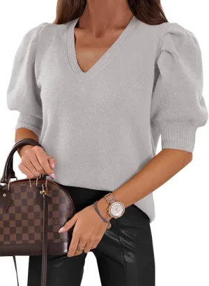 Womens Puff Short Sleeve Sweater Tops 2025 Spring Summer Trendy Casual T Shirts Blouses