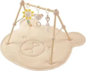 Wooden Baby Gym Cotton Play Mat, 4-in-1 Super Soft Infant Activity Tummy Time Playmat for 0 to 3 6 9 12 36 Months Babies, Removable Toys for Sensory & Motor Skill Development, Bear