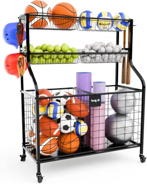 YES4ALL Sports Equipment Garage Organizer, Garage Ball Storage, Ball Cart, Ball Rack, Garage Organizer for Garage with Basket and Hooks, Rolling Sports Ball Storage Cart for Indoor/Outdoor Use, Steel