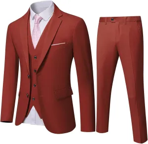 YND Men's Slim Fit 2 Button 3 Piece Suit Set, Solid Blazer Jacket Vest Pants & Tie