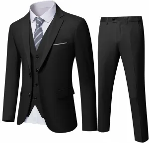 YND Men's Slim Fit 2 Button 3 Piece Suit Set, Solid Blazer Jacket Vest Pants & Tie