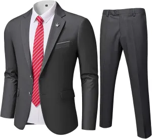 YND Men's Slim Fit 2 Piece Suit, 2 Button Notch Lapel Solid Jacket Pants Set with Tie, Party Wedding Dress Blazer Tux
