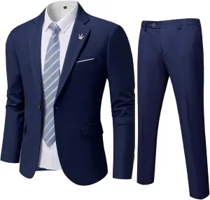YND Men's Slim Fit 2 Piece Suit, One Button Solid Jacket Pants Set with Tie