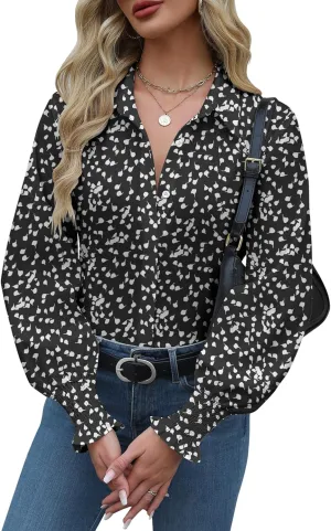 Zeagoo Womens Button Down Shirts Smocked Cuffed Blouses Printed Lantern Shirt Long Sleeve Tops Casual Collar Business Fashion
