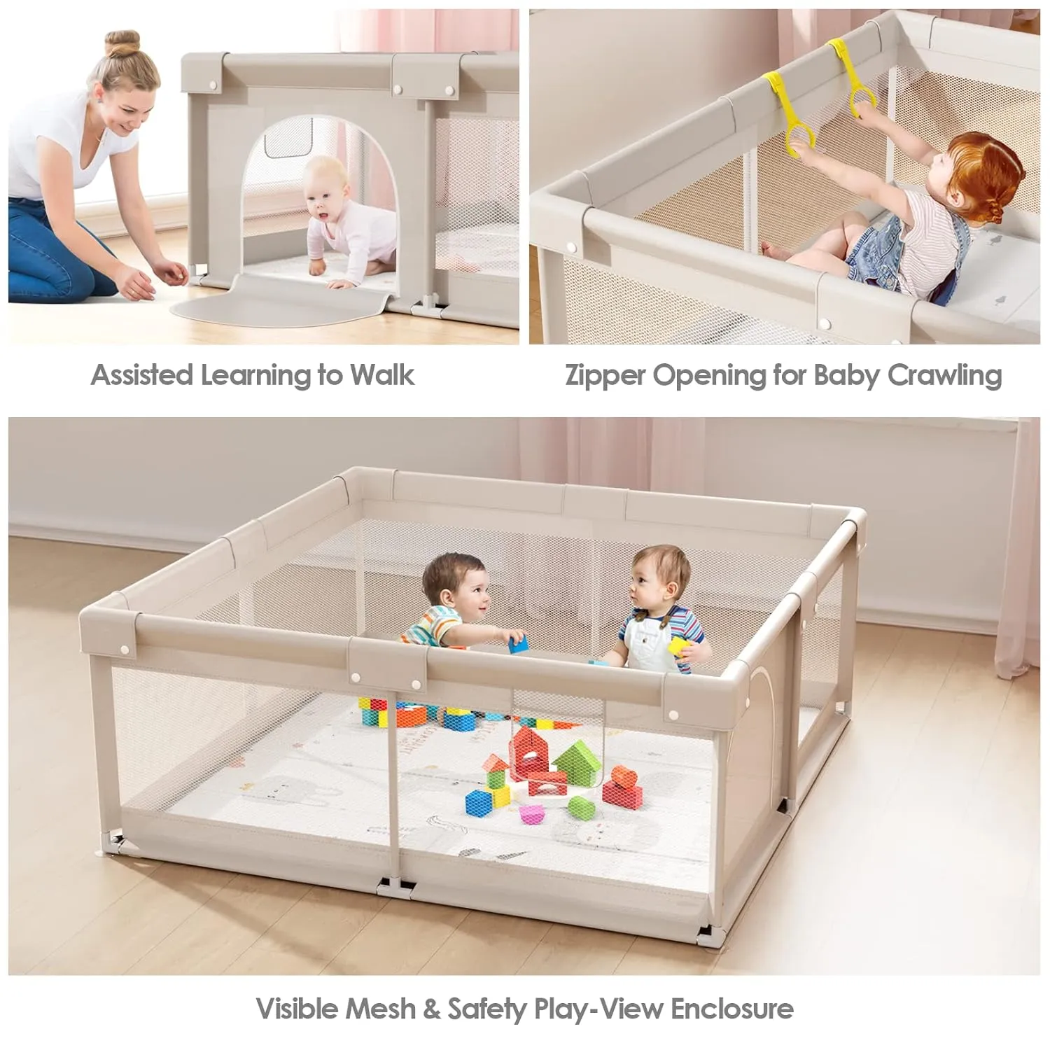 ZEEBABA Baby Playpen with Mat, 59x59 in Playpen for Babies and Toddlers, Play Pen for Kids, Play Yard for Infants with Gate