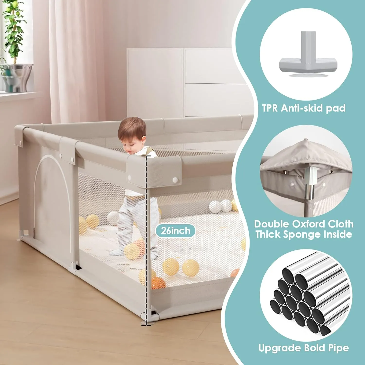 ZEEBABA Baby Playpen with Mat, 59x59 in Playpen for Babies and Toddlers, Play Pen for Kids, Play Yard for Infants with Gate