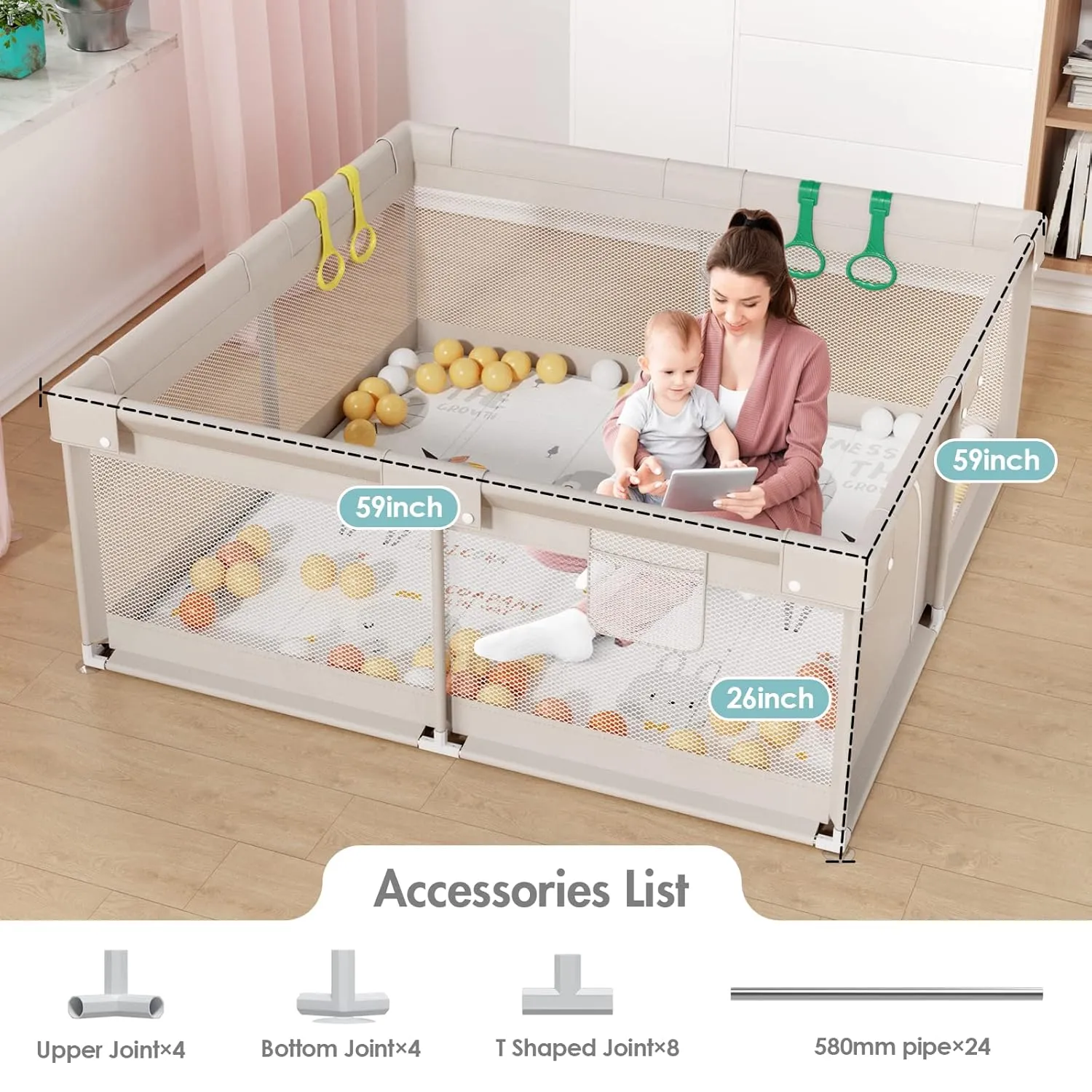 ZEEBABA Baby Playpen with Mat, 59x59 in Playpen for Babies and Toddlers, Play Pen for Kids, Play Yard for Infants with Gate